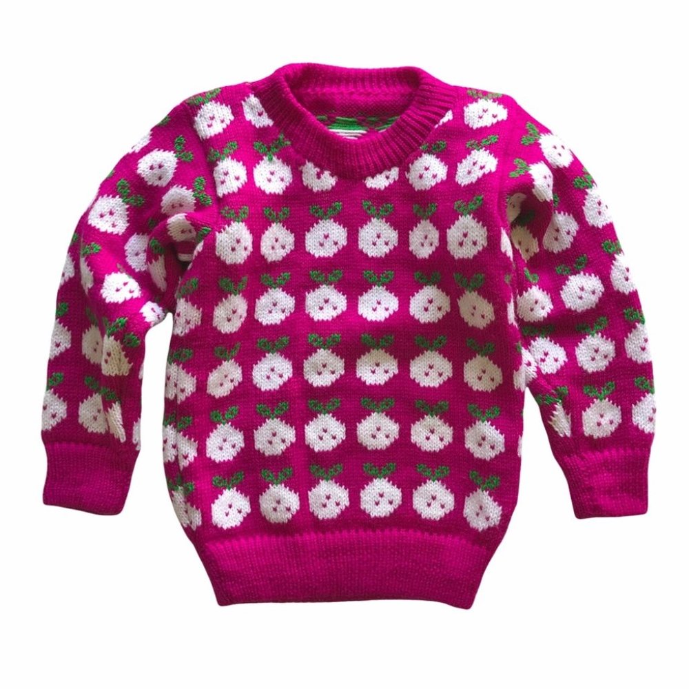 Girls Vintage Hand Knit Berry Pink Novelty Sweater